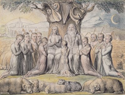 Illustraties uit het Boek Job, pl.2 (pagina 1): Job en zijn familie, naar William Blake (1757-1827) door James Thomas Linnell